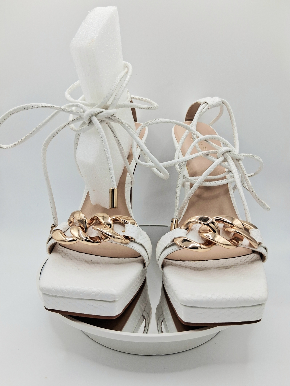 White Platform Lace-Up Sandals with Rose Gold Chain Accent